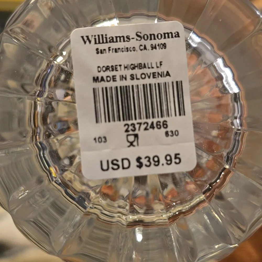 Williams Sonoma Dorset Highball Crystal Glass, Retail Price $39.95US